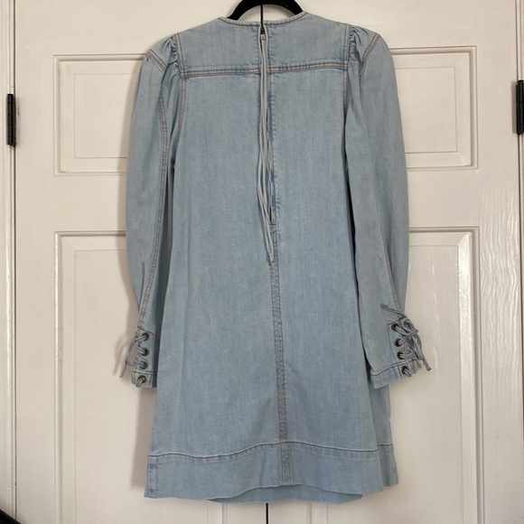 Ulla Johnson Manon Long-Sleeve‎ Denim Shift Dress Wrist Ties Puff Sleeves Zips - Picture 8 of 11